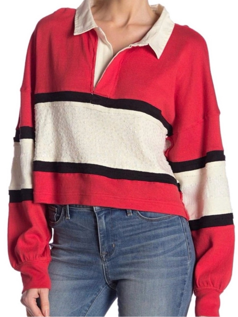 Free People: We The Free “Party Polo” Cropped Rugby Stripe Top with Sequins